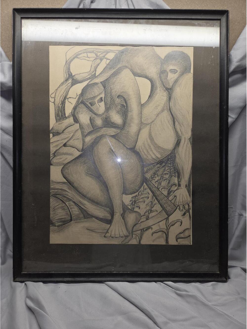Framed Pencil Figurative Drawing Signed Kasprowick